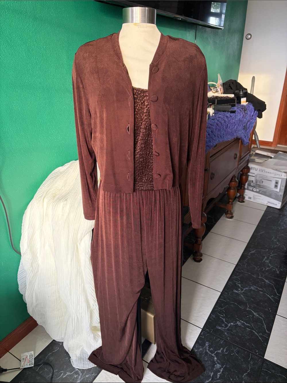 Vtg Pipe Dreams Jumpsuit Jacket Set Sz L, Rich Brown Stretch Knit, 20” PTP
